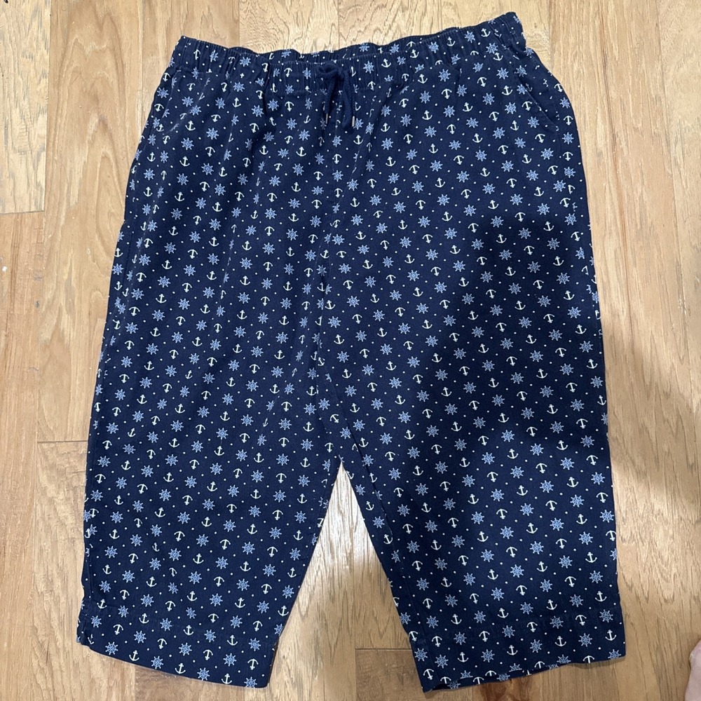 Coral Bay Capri Pants Women XL Navy Blue & White Anchors Elastic Drawstring